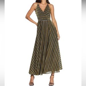 Dress the Population Lena Glitter Stripe Surplice Neck Maxi Dress Gold Metallic